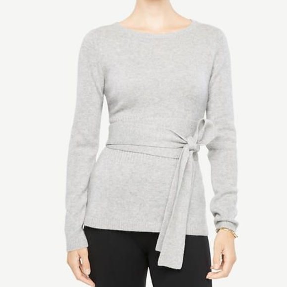 NWT-XS - Ann Taylor Cashmere Belted Sweater -  Silver Frost Heather - Picture 1 of 7